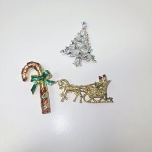 Vintage signed Gerry's Christmas sleigh &Tree & Unsigned Candy Cane brooch pins